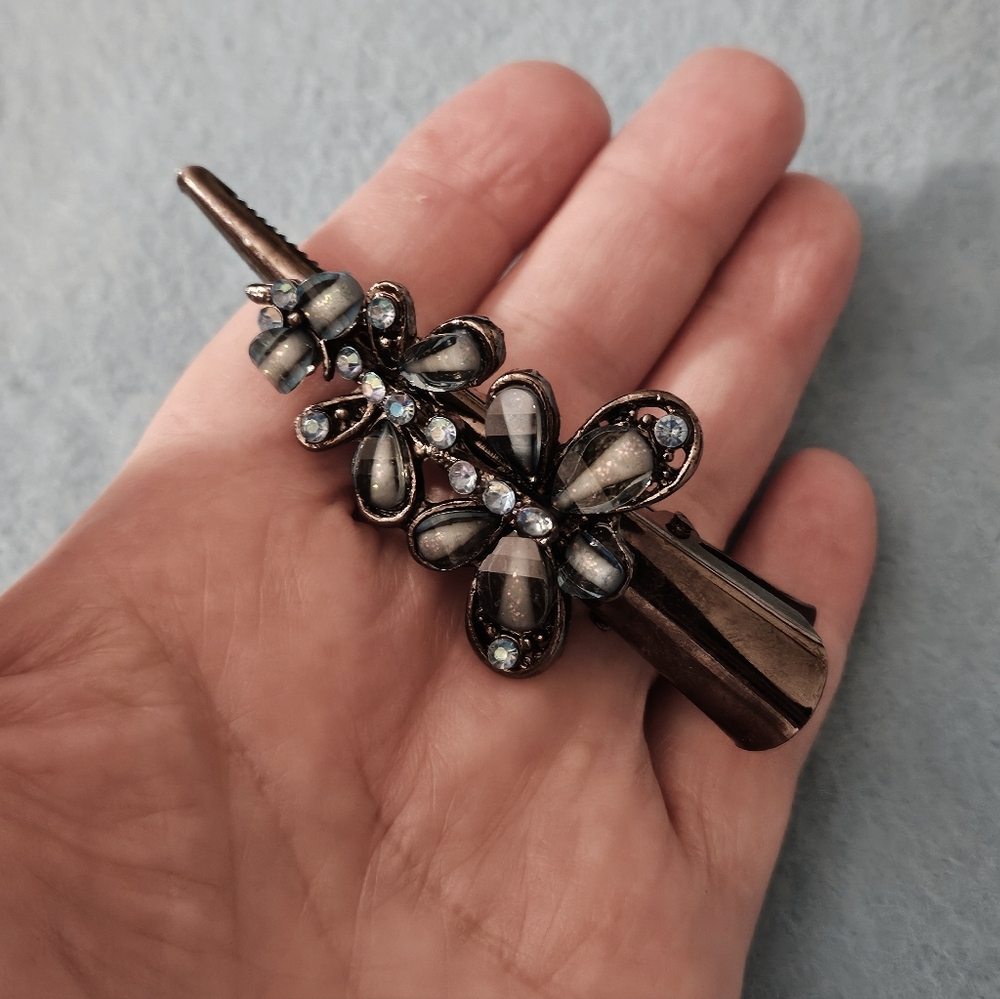 VTG 1970s Rhinestone Butterfly Alligator-Style Beak Hair Clip Barette Gunmetal